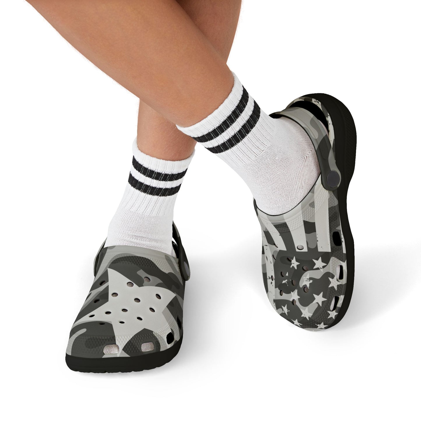 Kids' Camo American Flag Foam Clogs — Gray Military Print EVA Slip-Ons