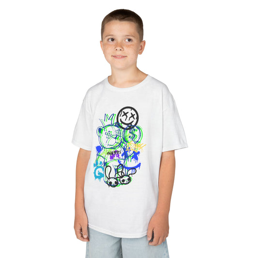 Kids Graffiti Bear Tee — Neon Street Art Cartoon Shirt