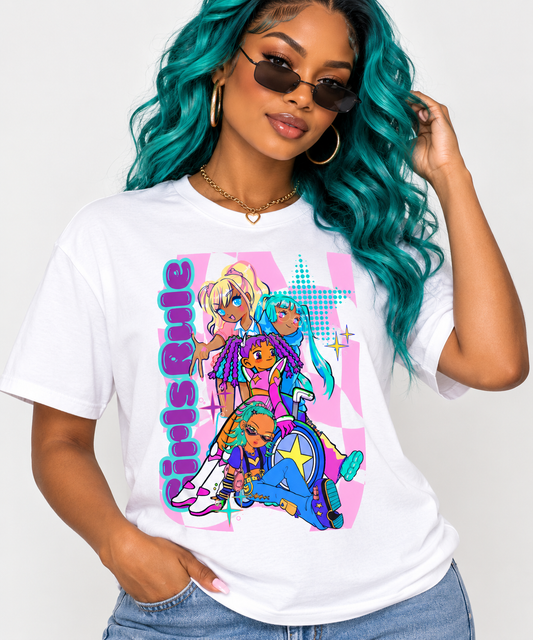 Girl Power Anime Tee — Colorful Kawaii Crew Graphic T-Shirt Adult